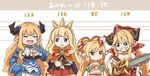  blonde_hair blue_eyes botamochi_(exwelder) breasts cagliostro_(granblue_fantasy) chainsaw closed_eyes commentary draph expressionless fang gloves granblue_fantasy grin hallessena harvin height_chart horns large_breasts long_hair mahira_(granblue_fantasy) multiple_girls ponytail rastina red_eyes smile sweatdrop tiara translated twintails 