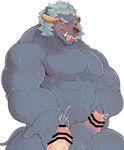  abs anthro balls blue_hair blush broken_horn cum cumshot ejaculation erection hair hand_on_penis horn krampus krampus_(housamo) male male/male muscular muscular_male nipples orgasm pecs penis scar sweat tokyo_afterschool_summoners tongue tongue_out unknown_artist 