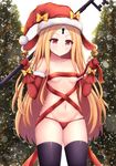  abigail_williams_(fate/grand_order) bangs bell black_legwear blonde_hair blush bow breasts christmas closed_mouth collarbone cowboy_shot detached_sleeves endsmall_min eyebrows_visible_through_hair fate/grand_order fate_(series) fur-trimmed_hat fur-trimmed_sleeves fur_trim glove_bow gloves groin hat hat_bow highres holding holding_key key keyhole long_hair long_sleeves looking_away lowleg lowleg_panties medium_breasts navel orange_bow oversized_object panties parted_bangs red_eyes red_gloves red_hat red_panties red_ribbon ribbon santa_hat solo thighhighs topless underwear v-shaped_eyebrows very_long_hair 