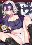  :&gt; ahoge bangs bare_shoulders belly_peek blush boots bow bow_panties breasts character_doll cleavage collarbone commentary_request couch cross-laced_footwear eyebrows_visible_through_hair fate/grand_order fate_(series) grey_hair hand_up jeanne_d'arc_(alter)_(fate) jeanne_d'arc_(fate) jeanne_d'arc_(fate)_(all) large_breasts lying matarou_(genkai_toppa) navel on_back on_couch panties pillow ribbed_sweater sample sleeves_past_wrists smile solo sweater thighs tsurime underwear white_panties yellow_eyes 