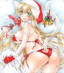  :d animal_ears artist_name ass at_classics back bangs bare_shoulders bell bikini blonde_hair blush breasts cat_ears cat_tail christmas covered_nipples cowboy_shot fang from_behind gloves green_eyes hair_bell hair_between_eyes hair_ornament hat holding large_breasts long_hair looking_at_viewer looking_back micro_bikini open_mouth original pom_pom_(clothes) red_bikini red_gloves sack sample santa_hat side-tie_bikini sidelocks skindentation smile solo swimsuit tail tail_bell traditional_media watermark 