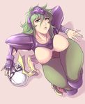  armor breastless_clothes breasts fingerless_gloves from_above gloves green_eyes green_hair green_legwear headgear knee_pads large_breasts legs_together lips long_hair mask mask_removed nipples ophiuchus_shaina pantyhose pauldrons rennes saint_seiya shoulder_pads single_glove solo thick_thighs thighs 