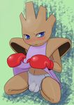  abstract_background anthro blue_eyes blush boxing_gloves brown_body bulge clothed clothing high_score_(artist) hitmonchan kneeling looking_at_viewer male navel nintendo pok&#233;mon pokemon solo underwear video_games 