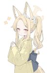  1girl animal_ear_fluff animal_ears back_bow blonde_hair blue_archive blue_bow blush bow closed_mouth commentary cowboy_shot cross_halo flower forehead fox_ears fox_girl fox_tail hair_flower hair_ornament halo hands_up highres japanese_clothes kimono long_hair long_sleeves looking_to_the_side momonexmomo obi orange_eyes own_hands_together parted_bangs sash seia_(blue_archive) side_ponytail sidelocks simple_background sleeves_past_wrists smile solo standing tail twitter_username white_background white_flower wide_sleeves yellow_halo yellow_kimono yukata 