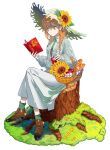  1girl absurdres apple baguette basket book braid bread brown_shoes buttons cardigan character_request closed_mouth collared_dress commentary copyright_request cup dress fingernails flower food fruit full_body grass green_hat green_ribbon green_socks green_sweater hair_flower hair_ornament hair_ribbon hand_up hat hat_flower hat_ornament highres holding holding_book holding_cup long_hair long_sleeves looking_at_object maka_(maka04021) on_tree_stump open_book open_cardigan open_clothes orange_eyes orange_hair puffy_long_sleeves puffy_sleeves reading ribbon shoes simple_background single_braid sitting socks solo sunflower sweater symbol-only_commentary tree_stump white_background white_dress yellow_flower 