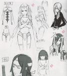  1girl bangs blunt_bangs breasts candle cape character_name concept_art fire_emblem hime_cut japanese japanese_text long_hair looking_away medium_breasts midriff multiple_views spot_color standing text tharja thighhighs translation_request twintails two_side_up upper_body 