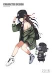  2016 artist_name backpack bad_id bad_pixiv_id bag bare_shoulders baseball_cap between_legs black_shorts black_skirt braid brown_hair closed_mouth coat commentary copyright_name drinking_straw earrings french_braid full_body glint gloves green_coat green_eyes hand_between_legs hand_on_headwear hat hat_tip headphones headphones_around_neck highres holding invisible_chair jewelry kinugasa_(zhan_jian_shao_nyu) long_hair looking_at_viewer necklace off_shoulder one_side_up open_clothes open_coat pleated_skirt robot shi-chen shoes shorts simple_background sitting skirt smile sneakers socks turret very_long_hair white_background white_gloves white_legwear wristband zhan_jian_shao_nyu 