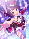  1girl absurdres artist_request brown_hair confetti dress figure_skating hat highres looking_at_viewer multicolored_hair naekawa_yawara neck_ribbon official_art open_mouth outstretched_arms purple_hair ribbon santa_costume santa_dress santa_hat shine_post short_hair single_bare_shoulder skates skating_rink solo spread_arms stage_lights teeth upper_teeth_only 