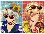  2boys alternate_costume amamizu_(shigure-doki) black_choker blonde_hair blue_eyes blue_shirt braid character_name chest_tattoo choker commentary_request eyewear_on_head facial_tattoo floral_print_shirt flower flower_necklace gradient_hair hair_between_eyes hat hat_flower highres honkai:_star_rail honkai_(series) male_focus medium_hair multicolored_hair multiple_boys mydei_(honkai:_star_rail) neck_tattoo parted_bangs phainon_(honkai:_star_rail) red_hair red_shirt red_tattoo shirt short_hair side_braid straw_hat sun_symbol sun_tattoo sunflower sunglasses tattoo watermark white_hair yellow_eyes 