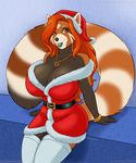  &lt;3 2017 4_fingers amber_eyes anthro belt big_breasts black_nose bracelet breasts christmas cleavage clothed clothing coat dress eyebrows eyelashes female hair hi_res holidays huge_breasts jewelry legwear looking_at_viewer mammal necklace red_hair red_panda sitting skimpy smile solo stockings teeth vkyrie voluptuous winter 