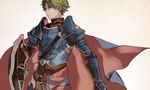  alm_(fire_emblem) armor beige_background cape circlet fire_emblem fire_emblem_echoes:_mou_hitori_no_eiyuuou gloves green_eyes green_hair male_focus shield solo u_f1214 upper_body 