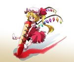  absurdres ascot bangs brown_background closed_mouth crayon flandre_scarlet full_body gradient gradient_background hat hat_ribbon highres licking_lips long_hair looking_down mob_cap red_eyes red_ribbon red_skirt ribbon shinapuu side_ponytail skirt skirt_set smile socks solo tongue tongue_out touhou vest white_background white_legwear 