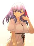  black_ribbon blurry blush breasts closed_mouth dress fate/stay_night fate_(series) gradient gradient_background hair_ribbon hand_up long_hair looking_at_viewer matou_sakura medium_breasts mgk968 puffy_short_sleeves puffy_sleeves purple_eyes purple_hair red_ribbon ribbon short_sleeves smile solo tareme twitter_username upper_body white_dress yellow_background 