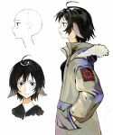  1girl absurdres ahoge animal_ear_fluff animal_ears black_eyes black_hair coat ears_down from_side fur-trimmed_coat fur_trim green_coat hands_in_pockets highres hood hood_down hooded_coat multiple_views original profile simple_background smile solo white_background yonq98 