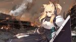  1girl animal_ear_fluff animal_ears arknights armor axe black_dress black_gloves blonde_hair bright_pupils commentary_request dress fire gloves headset highres holding holding_axe holding_shield horse_ears horse_girl implied_extra_ears lips liu_lan long_hair nearl_(arknights) orange_eyes ruins shield smoke solo upper_body white_armor white_pupils zipper_pull_tab 