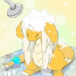  0bon claws closed_eyes closed_mouth dragon dragonite feathered_wings full_body head_wings highres horns mega_dragonite mega_pokemon no_humans pokemon pokemon_(creature) pokemon_focus shampoo showering single_horn solo tail water wet wings 