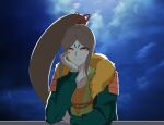  1boy blue_eyeshadow brown_hair cloud colored_sclera eyeshadow highres japanese_clothes kanzaki_yozora long_hair looking_at_viewer makeup oogama_(youkai_watch) pale_skin ponytail red_eyes solo upper_body yellow_sclera youkai_(youkai_watch) youkai_watch 