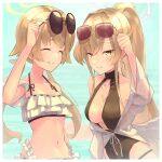  2girls bare_shoulders beach bikini black-framed_eyewear black_leotard black_ribbon blonde_hair blue_archive border breasts closed_eyes closed_mouth collarbone covered_navel day earrings feathered_wings frills hair_ribbon halo hifumi_(blue_archive) hifumi_(swimsuit)_(blue_archive) high_ponytail hoop_earrings jewelry leotard long_hair long_sleeves looking_at_viewer low_twintails low_wings medium_breasts multiple_girls nagisa_(blue_archive) nagisa_(swimsuit)_(blue_archive) necklace ocean official_alternate_costume open_clothes open_shirt outdoors pink_halo ponytail purple-tinted_eyewear ribbon round_eyewear shirt sidelocks smile summer sunglasses swimsuit thigh_strap tinted_eyewear twintails upper_body upsilon3219 white_bikini white_border white_ribbon white_shirt wings yellow-framed_eyewear yellow_eyes yellow_halo 