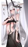  1girl :o absurdres arknights arm_strap ass bikini black_bikini black_horns blunt_ends blurry blurry_foreground blush breasts changing_clothes commentary covering_privates cowboy_shot demon_horns diamond_hair_ornament embarrassed from_side hair_between_eyes hand_up highres horns large_breasts long_hair long_sidelocks looking_at_viewer looking_back material_growth mudrock_(arknights) mudrock_(silent_night)_(arknights) navel open_mouth oripathy_lesion_(arknights) pointy_ears red_eyes side-tie_bikini_bottom sidelocks solo swimsuit swimsuit_cover-up translated twitter_username underboob white_hair worimiru 