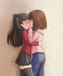  2girls absurdres black_hair black_ribbon black_shirt black_skirt black_thighhighs brown_hair commission denim fate/stay_night fate_(series) french_kiss highres hood hoodie kiss kurosawa_karura mitsuzuri_ayako multiple_girls pixiv_commission pleated_skirt red_sweater ribbon shirt skirt sweater thighhighs tohsaka_rin yuri zettai_ryouiki 