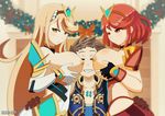  1boy 2girls bard-bot blonde_hair blush bodysuit breasts breasts_on_face brown_hair gloves hair_ornament hikari_(xenoblade_2) homura_(xenoblade_2) multiple_girls nintendo red_hair rex_(xenoblade_2) short_hair xenoblade_2 