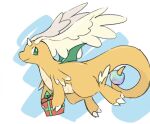  box claws closed_mouth commentary_request dragonite from_side gift gift_box green_eyes mega_dragonite no_humans pokemon pokemon_(creature) pokemon_focus smile solo xlii_idk 