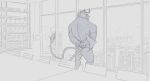 absurd_res aduran anthro axe bovid bovine cattle clothed clothing hair hands_behind_back hi_res holding_axe holding_object horn inside male male_anthro mammal monochrome mouth_closed muscular muscular_anthro muscular_male short_hair sketch solo standing tail tail_tuft tuft window