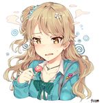  @_@ bangs blue_nails blue_scrunchie blush bow bowtie brown_hair candy cardigan collarbone collared_shirt commentary cropped_torso ear_piercing earrings eyebrows_visible_through_hair fingernails food green_neckwear gyaru hair_ornament hair_scrunchie hairclip holding idolmaster idolmaster_cinderella_girls jewelry kogal lollipop long_hair morikubo_nono nail_polish necklace nose_blush one_side_up parted_lips piercing polka_dot polka_dot_scrunchie scrunchie shirt signature simple_background solo sweatdrop tears tuxedo_de_cat upper_body wavy_mouth white_background wing_collar 