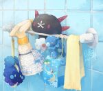  bottle commentary_request cosmog dripping indoors no_humans paro_(sorageshiki) pokemon pokemon_(creature) pokemon_focus popplio pyukumuku signature tile_wall tiles water_drop 