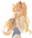  1girl ask_(askzy) bare_shoulders blonde_hair blue_one-piece_swimsuit blush covered_mouth cowboy_shot ereshkigal_(fate) fate/grand_order fate_(series) flower frilled_one-piece_swimsuit frills hair_ribbon hat hat_flower hat_ribbon holding holding_unworn_clothes holding_unworn_hat long_hair looking_at_viewer one-piece_swimsuit parted_bangs red_eyes ribbon simple_background solo space_ereshkigal_(fate) space_ereshkigal_(first_ascension)_(fate) straw_hat swimsuit two-tone_one-piece_swimsuit two-tone_swimsuit two_side_up unworn_hat unworn_headwear white_background white_one-piece_swimsuit 