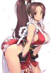  1girl ass bare_shoulders breasts brown_eyes brown_hair closed_mouth commentary_request cowboy_shot falling_petals fatal_fury hair_ornament hand_fan high_ponytail highres holding holding_fan large_breasts leaning_forward light_blush long_hair looking_at_viewer matsuda_(matsukichi) motoyui ninja obi parted_bangs petals pink_petals ponytail revealing_clothes rope sash shiranui_mai signature simple_background solo the_king_of_fighters thighs white_background 