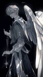  1boy absurdres angel_wings black_background black_capelet blonde_hair blue_eyes capelet character_name cross cross_necklace ear_piercing earrings evl_1230 feathered_wings feet_out_of_frame glint hair_between_eyes highres holding holding_jewelry holding_necklace jewelry latin_cross light_particles light_rays long_sleeves looking_at_viewer looking_to_the_side machasal male_focus muted_color narke_farnese necklace parted_lips piercing puffy_sleeves short_hair solo white_sleeves wings 