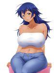  blue_hair breasts danchizuma_collection dark_skin denim huge_breasts jeans long_hair navel official_art pants r44 smile solo transparent_background yellow_eyes 