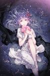  commentary_request dress fate/stay_night fate_(series) flower h_sueun hair_ribbon heaven's_feel highres holding holding_flower knee_up looking_at_viewer looking_up lying matou_sakura on_back parted_lips petals purple_hair purple_ribbon ribbon solo white_dress zelovel 