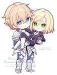  2boys arm_around_neck armored_boots baggy_pants black_gloves black_jacket black_necktie black_pants black_vest blonde_hair blue_eyes blue_pants blue_shirt boots buttons carrying closed_mouth collared_shirt commentary_request crossed_legs fate/extra fate/extra_ccc fate_(series) formal_clothes full_body gauntlets gawain_(fate) gloves green_eyes grey_armor hair_between_eyes hands_up jacket karokuchitose lapels leonard_bistario_harway long_sleeves looking_at_viewer male_focus multiple_boys necktie open_clothes open_jacket pants princess_carry shirt short_hair signature simple_background smile standing striped_clothes striped_gloves striped_pants striped_shirt suit suit_jacket vertical-striped_clothes vertical-striped_pants vest watermark white_background white_boots white_shirt yaoi 