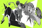  1girl :d bag bird bird_on_hand closed_mouth eyewear_strap flower full_body glasses green_background greyscale_with_colored_background hand_up hat hat_feather hat_flower highres holding holding_bag jacket kakania_(reverse:1999) knees_up long_hair long_skirt looking_at_viewer low_ponytail mr.cockroach multiple_views open_mouth pantyhose parrot pencil_skirt picture_hat ponytail reverse:1999 semi-rimless_eyewear shoes skirt smile sparkle striped_clothes striped_pantyhose triangle under-rim_eyewear upper_body vertical-striped_clothes vertical-striped_pantyhose 