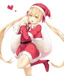  absurdres blonde_hair boots green_eyes hat highres long_hair luna_(shadowverse) sack santa_boots santa_costume santa_hat shadowverse solo twintails yamato_(muchuu_paradigm) 