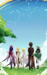  2girls 3boys absurdres aether_(genshin_impact) antenna_hair arm_up arms_behind_back back back_bow black_gloves black_panties black_thighhighs blonde_hair blue_sky blurry boots bow braid brown_hair brown_suit capelet chinese_clothes chinese_commentary crop_top depth_of_field dl_mask dress flower friends from_behind full_body genshin_impact gloves gradient_hair grass green_capelet green_hair green_hat hair_ornament hair_ribbon hat highres japanese_clothes kimono knee_boots knee_up leaf long_hair long_sleeves low_ponytail lumine_(genshin_impact) mitsudomoe_(shape) multicolored_hair multiple_boys multiple_girls off_shoulder outdoors panties pants ponytail purple_hair purple_kimono purple_ribbon raiden_shogun red_sash ribbon sash scarf short_hair short_sleeves shorts single_braid sky standing suit thigh_boots thighhighs tomoe_(symbol) tree underwear venti_(genshin_impact) walking white_dress white_scarf wide_sleeves wind zhongli_(genshin_impact) 