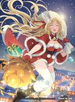  bell bell_collar blonde_hair blue_eyes boots box breasts cape christmas circlet cleavage collar copyright_name feathers force_of_will fur_trim gift gift_box gloves hat large_breasts long_hair official_art open_mouth santa_costume santa_hat sky snow snowing solo sparkle staff teeth thighhighs tree yuko_(uc_yuk) 