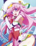  1girl absurdres bandeau black_bandeau black_gloves black_panties black_thighhighs blood_tune boots breasts chaos;head cute_weapon detached_sleeves earrings fingerless_gloves gloves green_trim highres hugging_object jewelry long_hair looking_at_viewer magical_girl matsuo_yukihiro medium_breasts necktie official_art open_mouth panties pink_hair purple_eyes red_necktie samurai_condenser science_adventure seira_orgel shiny_skin solo swept_bangs teeth thighhighs tongue underboob underwear upper_teeth_only weapon white_boots white_sleeves wide_hips 