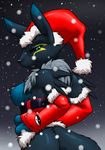  2017 anthro armwear black_sclera blue_eyes breasts bridal_gauntlets butt cheek_tuft christmas clothing corset digimon dipstick_ears female furball hands_on_hips hat hi_res holidays lingerie looking_at_viewer looking_back mostly_nude neck_tuft nipples open_mouth outside renamon santa_hat simple_background snow solo tuft vulpamon yin_yang 