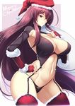  breasts cleavage commentary_request covered_nipples fate/grand_order fate_(series) fingerless_gloves fur_trim gloves haganef hat large_breasts long_hair looking_at_viewer merry_christmas midriff purple_hair red_eyes red_gloves santa_hat scathach_(fate)_(all) scathach_(fate/grand_order) smile solo thighhighs 