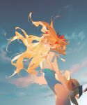  1girl anniversary ask_(askzy) bare_shoulders beach black_ribbon blonde_hair blue_one-piece_swimsuit bow brown_hat cloud commentary_request cowgirl_position ereshkigal_(fate) fate/grand_order fate_(series) floating_hair flower from_side hair_ornament hair_ribbon hat hat_flower hat_ribbon highres holding holding_unworn_clothes holding_unworn_hat long_hair looking_at_viewer ocean one-piece_swimsuit open_mouth orange_eyes outdoors red_bow red_ribbon ribbon sky smile solo space_ereshkigal_(fate) space_ereshkigal_(first_ascension)_(fate) squatting standing straddling sun_hat swimsuit twintails two-tone_one-piece_swimsuit unworn_hat unworn_headwear white_one-piece_swimsuit yellow_flower 