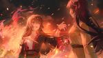  2girls angry belt black_hair blood blood_on_clothes blood_on_face brown_hair chimei_(love_curse:_find_your_soulmate) chinese_clothes clothing_request collarbone fire game_cg hand_up hell highres long_hair love_curse:_find_your_soulmate multiple_girls non-web_source official_art open_mouth pale_skin red_eyes selene_yan teeth upper_body upper_teeth_only 