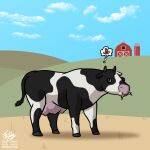 absurd_res animal_print barn bovid bovine cattle cloud cow_print digital_media_(artwork) eating farm farmhouse female feral frooby grass grass_field hay hi_res hill hooves horn mammal plant reality_shift reverse_transformation signature silo sky solo teats thought_bubble transformation transformation_sequence udders