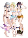  &gt;_&lt; 3girls arm_strap bare_shoulders barefoot belle_(summer_skies)_(zenless_zone_zero) belle_(zenless_zone_zero) bikini black_choker black_hat blonde_hair blue_hair breasts choker cleavage commentary_request eous_(zenless_zone_zero) genshin_impact green_eyes grey_hair hat higashiwun_izumi highres honkai:_star_rail honkai_(series) long_hair looking_at_viewer lumine_(genshin_impact) lumine_(hot_springs)_(genshin_impact) medium_breasts mem_(honkai:_star_rail) mihoyo multiple_girls navel off-shoulder_shirt off_shoulder orange_shorts paimon_(genshin_impact) sarong see-through_clothes see-through_shirt shirt short_hair short_shorts short_sleeves shorts simple_background standing stelle_(honkai:_star_rail) stomach sunglasses swimsuit thighs tied_shirt trailblazer_(honkai:_star_rail) white_background white_bikini white_hair white_shirt yellow_eyes zenless_zone_zero 