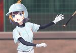  1girl :o absurdres baseball baseball_bat baseball_helmet baseball_jersey baseball_uniform black_hair blonde_hair blue_eyes blurry blurry_background breasts depth_of_field dot_nose folded_ponytail g9_(jiiku) gloves hair_between_eyes helmet highres jersey light_blush multicolored_hair nijisanji nijisanji_en petra_gurin short_hair small_breasts solo sportswear streaked_hair virtual_youtuber white_gloves 