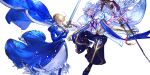  1boy 1girl ahoge armored_boots artoria_pendragon_(fate) black_boots black_pants black_sclera black_shirt blonde_hair blue_bow blue_cape blue_dress boots bow braid breasts cape cleavage_cutout closed_eyes closed_mouth clothing_cutout colored_sclera commentary_request dress excalibur_(fate/stay_night) fate/grand_order fate_(series) floating_cape floating_clothes flower_knot frills fur-trimmed_cape fur_trim gold_trim grey_hair hair_between_eyes hair_bow hair_bun hand_up hands_up holding holding_sword holding_weapon hoshitsubame jacket juliet_sleeves leg_up long_hair long_sleeves looking_at_another medium_breasts merlin_(fate) neck_ribbon pants petals pink_ribbon pointy_ears puffy_sleeves purple_eyes ribbon saber_(fate) shirt short_hair sidelocks simple_background smile sparkle standing standing_on_one_leg sword two-tone_dress weapon white_background white_cape white_dress white_jacket wide_sleeves 