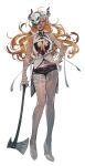  1girl 2022 absurdres ahoge axe bandaged_arm bandages belt between_breasts black_horns black_nails black_shorts breasts cleavage gloves grey_shoes high_heels highres holding holding_axe horns indie_virtual_youtuber long_hair magato_sera mask mask_on_head mayutsuba_mono necktie necktie_between_breasts open_mouth orange_eyes orange_hair pantyhose purple_belt purple_necktie scar scar_on_arm scar_on_stomach shoes short_shorts shorts single_glove single_leg_pantyhose smile teeth torn_clothes torn_pantyhose upper_teeth_only virtual_youtuber white_background white_gloves 