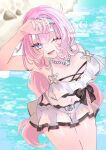  1girl arm_up bare_shoulders blue_eyes breasts cleavage commentary elysia_(honkai_impact) elysia_(miss_pink_elf)_(honkai_impact) elysia_(summer_miss_elf)_(honkai_impact) fuka_(_ilouxs2) hairband highres honkai_(series) honkai_impact_3rd jewelry large_breasts long_hair looking_at_viewer midriff nail_polish navel necklace ocean official_alternate_costume one_eye_closed outdoors pink_hair pink_nails pink_pupils pointy_ears solo symbol-only_commentary thighs wet white_hairband 